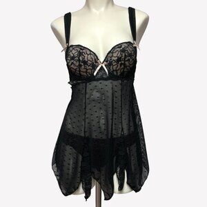 Black Fuchsia Sheer & Lace Baby Doll Chemise Size Small
